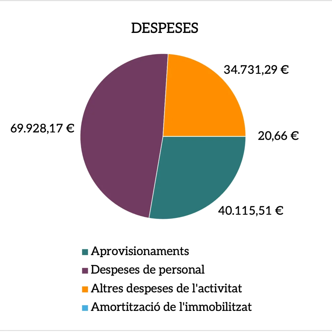 Gràfic de sectors on es mostren les despeses del 2025. Despeses de personal, 69.928,17€; Aprovisionaments 40.115,51€; Altres despeses de l'activitat 34.731,29€; Amortització de l'immobilitzat 20,66€.