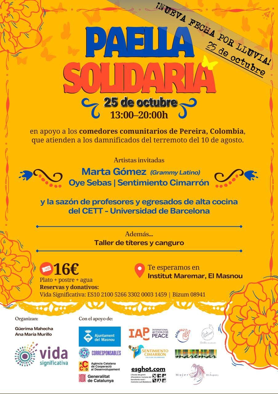 Paella solidària 25 d'octubre 13h-20h en recolzament als menjadors comunitaris de Pereira, Colombia