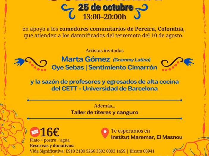 Paella solidària 25 d'octubre 13h-20h en recolzament als menjadors comunitaris de Pereira, Colombia